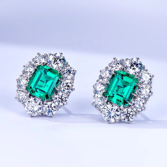 Rhodium-plated Emerald Stud Earrings